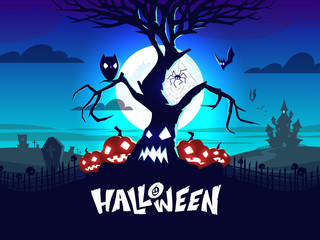 Halloween banner. Pumpkins, tree, owl, bats, spider on the web, cemetery and Draculas castle against the background of the moon. Vector EPS 10