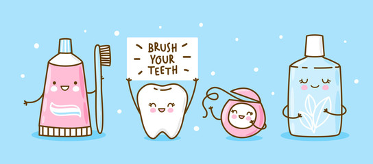 Cute tooth and objects for dental care on blue - funny toothpaste, brush, dental floss and mouthwash