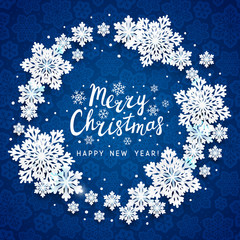 Christmas greeting card with paper snowflakes round frame on blue background for Your holiday design