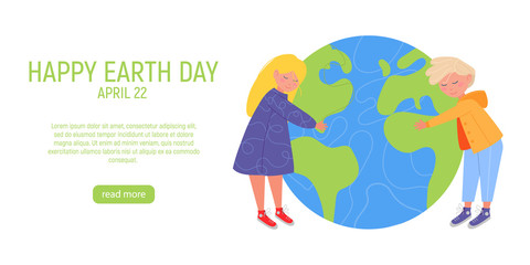 Happy Earth Day Banner. Little cute boy and girl are hugging planet. World environment day background. Save the earth. Green day. Vector illustration