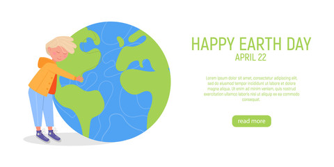 Happy Earth Day Banner. Little cute boy is hugging planet. World environment day background. Save the earth. Green day.
