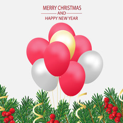 Merry Christmas and Happy New Year. Christmas tree branches with balloon and decoration on white background.