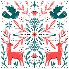 Folk illustration. Hand drawn composition with animals and floral elements