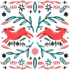 Naklejka premium Folk illustration. Hand drawn composition with animals and floral elements