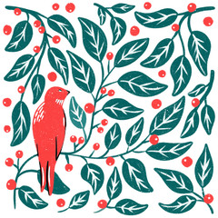 Folk illustration. Hand drawn composition with animals and floral elements