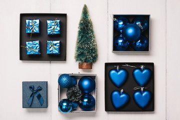 Christmas tree with decorations flat lay