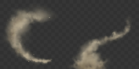 Smoke trails set, vector dirty smog, brown heavy thick dust lines with motes, sand particles isolated on transparent background. Fire, air pollution design element Realistic 3d illustration clip art