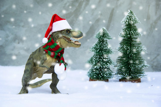 Dinosaur Tyrannosaurus rex ( t-rex ) wearing a Santa Claus hat and scarves have Tree pine snow forest model with snow white background in theme winter Merry christmas and Happy new year.