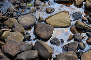 Dirty polluted water with oil stains on the surface industrial dump waste water spill.