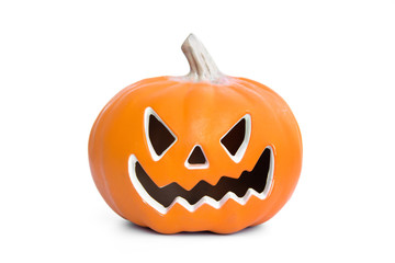 Halloween trick or treat. Pumpkin Jack-o'-lantern isolated on white background.