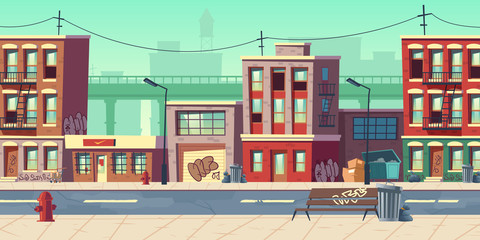 Dirty city street, empty ghetto slum neighborhood area with poor houses buildings with scribbled walls stand at roadside with overfilled litter bins and garbage bags around cartoon vector illustration