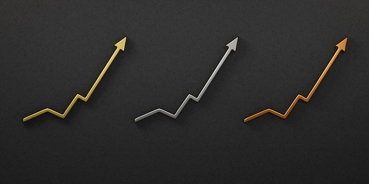 Set of Finance Graph Arrow of Improvement. Success Background Gold Platinum Cooper colors 3D Render Illustration