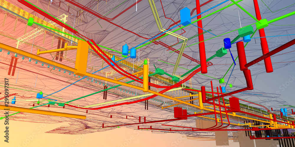 Wall mural the bim model of the underground infrastructure object of urban utilities wireframe view