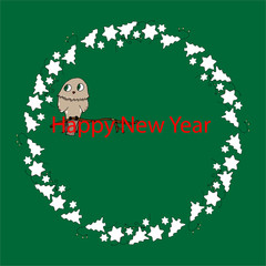 Happy New Year seamless wreath with gingerbread Christmas trees and branches on a green background.