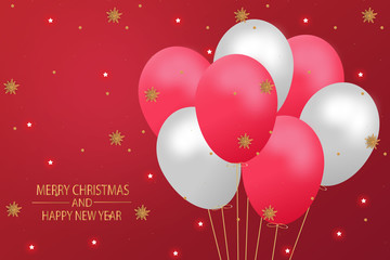 Merry Christmas and Happy New Year. Christmas greeting card red background with balloons and decoration..