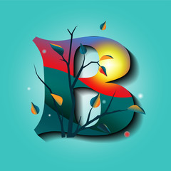 Letter B in autumn ornaments with tree and golden leaves. Mystic style flat vector