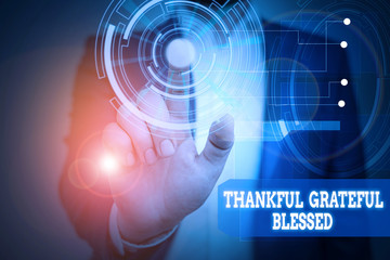 Text sign showing Thankful Grateful Blessed. Business photo text Appreciation gratitude good mood attitude Male human wear formal work suit presenting presentation using smart device