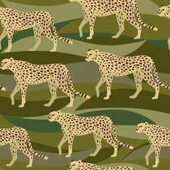Cheetah on camouflage Seamless Pattern, Leopards Surface Pattern, Safari Wildlife Vector Repeat Pattern for Home Decor, Textile Design, Fabric Printing, Stationary, Packaging, Wall paper or Background