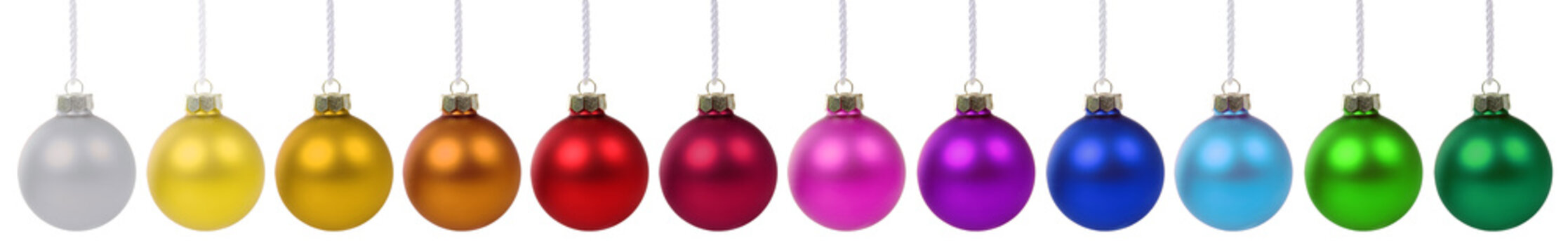 Colorful Christmas balls baubles banner decoration in a row isolated