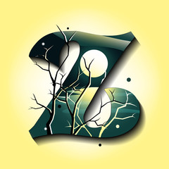 Letter Z in late autumn style. Tree without leaves. Mystic space idea. Flat vector