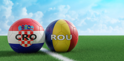 Romania vs. Croatia Soccer Match - Soccer balls in Croatia and Romania national colors on a soccer field. Copy space on the right side - 3D Rendering 