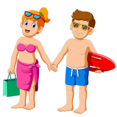 loving couple in bathing suits In the summer holiday swim and go for sports