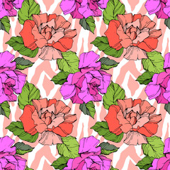 Vector Exotic Zebra print with botanical flowers. Black and white engraved ink art. Seamless background pattern.