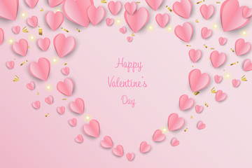 illustration of valentine day background. Pink hearts on pink background, paper art style.