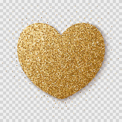 Gold glitter heart isolated on a transparent background. Bright glowing festive sequins and sparkles. Realistic Valentine's Day vector illustration.