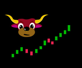 young bull, bullish market sign in stock exchange or currency exchange market, comic style, vector illustration.