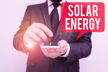 Word writing text Solar Energy. Business photo showcasing radiation from the Sun capable of...