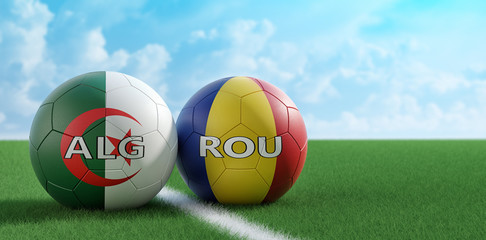 Romania vs. Algeria Soccer Match - Soccer balls in Algeria and Romania national colors on a soccer field. Copy space on the right side - 3D Rendering 