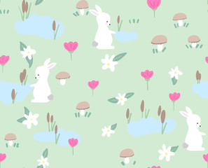 Bunny with spring flowers seamless pattern on green background. Cute childlike style holiday background. Design for textile, fabric, decor.
