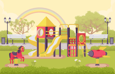 Playground structure, outdoor decor idea of school or public park with equipment for recreation, kid fun kit in schoolyard, city playpark architecture. Vector flat style cartoon illustration - obrazy, fototapety, plakaty