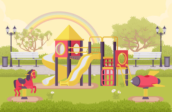Playground structure, outdoor decor idea of school or public park with equipment for recreation, kid fun kit in schoolyard, city playpark architecture. Vector flat style cartoon illustration