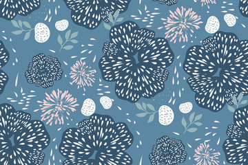 Abstract seamless pattern with painted fabulous flowers, leaves, berries on blue background. Vector. Creative template for your design. Perfect for fabrics, interior, Wallpaper, book covers, magazines