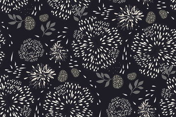 Seamless abstract pattern, artistic texture, drawn background with fabulous flowers, berries, leaves. Decorative vector template design. Black and white
