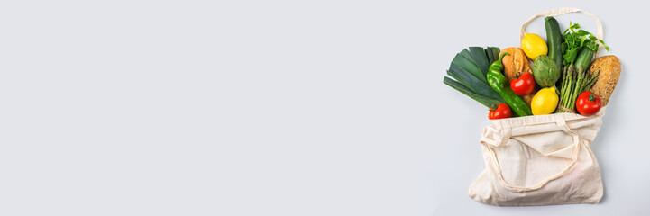 Mesh bag with fruits, vegetables. Zero waste, plastic free concept