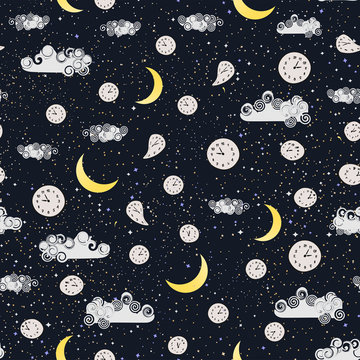 Good night seamless pattern with bright colored cartoon moon, clock (watch), clouds and stars on the dark cover. Sweet dreams background. Print with night starry sky. Vector Wallpaper, magic design