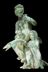 Olympic goddess of love Aphrodite (Venus) with Cupid sitting on swan. Ancient statue.