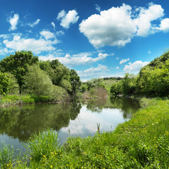 summer landscape, river and blue sky