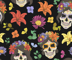 Seamless pattern with flowers and skulls for Day of the Dead