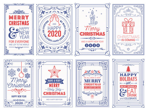 Ornate square winter holidays greeting cards with New Year tree, reindeers, Christmas ornaments, Peace Doves, swirl frames and typographic design