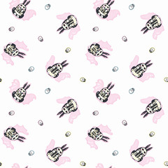 Seamless vector day of the dead kawaii pattern with hand drawn bat bunny, shugar scull. Funny and happy design for your perfect party.
