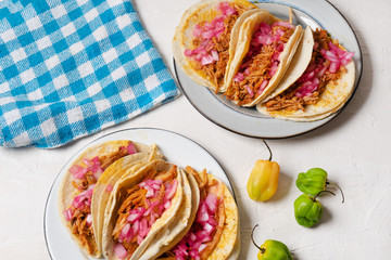 Mexican pork tacos  called cochinita pibil on white background