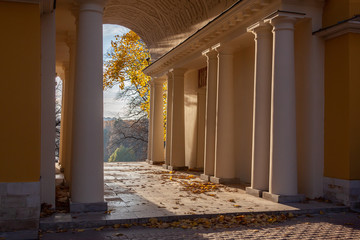Autumn park view from the old pavilion on the hill, Tsaritsyno park in Moscow, Russia
