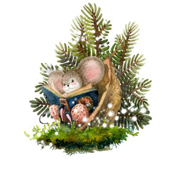 Atmosphere Hygge. A little mouse reads fairy tales, sitting in a walnut shell, a moss rug, the magical atmosphere of Christmas and New Year. Watercolor illustration