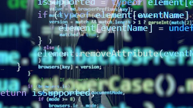 Male programmer is walking and coding data is coming up above him