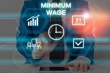 Text sign showing Minimum Wage. Business photo text the lowest wage permitted by law or by a...
