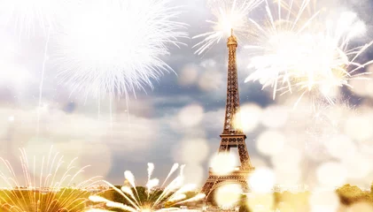 Fotobehang romantic New Year destination Eiffel tower with fireworks Paris, France © Melinda Nagy